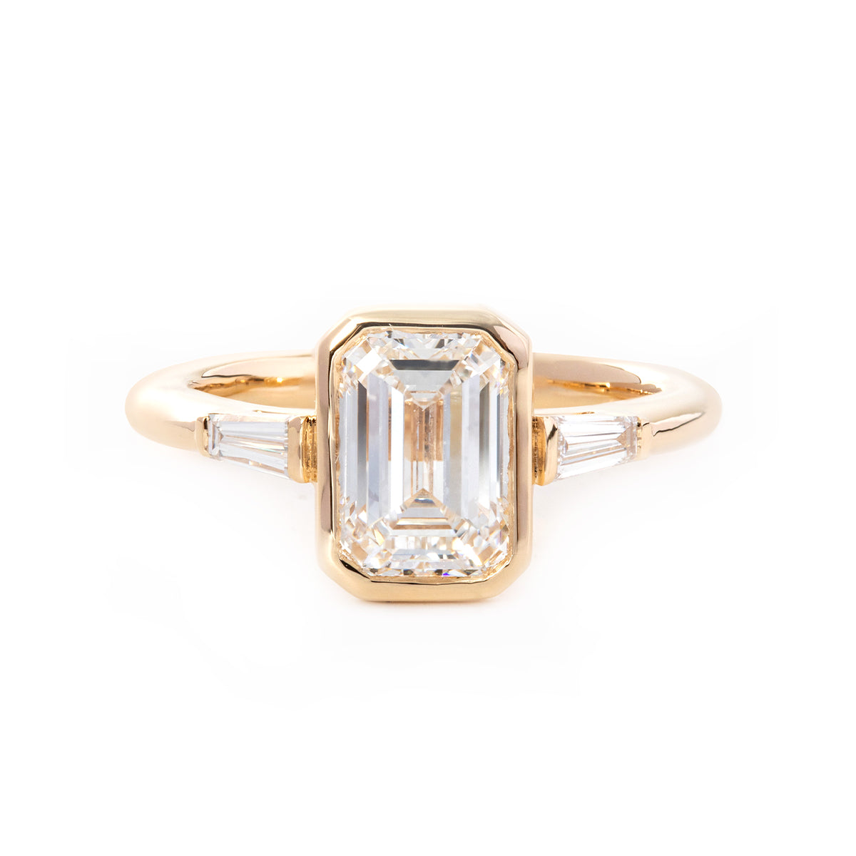 Cherished Moments 14K Yellow Gold 1.5ct Emerald Cut Lab Diamond Elongated Trapezoid Cut Three-stone Bezel Engagement Ring