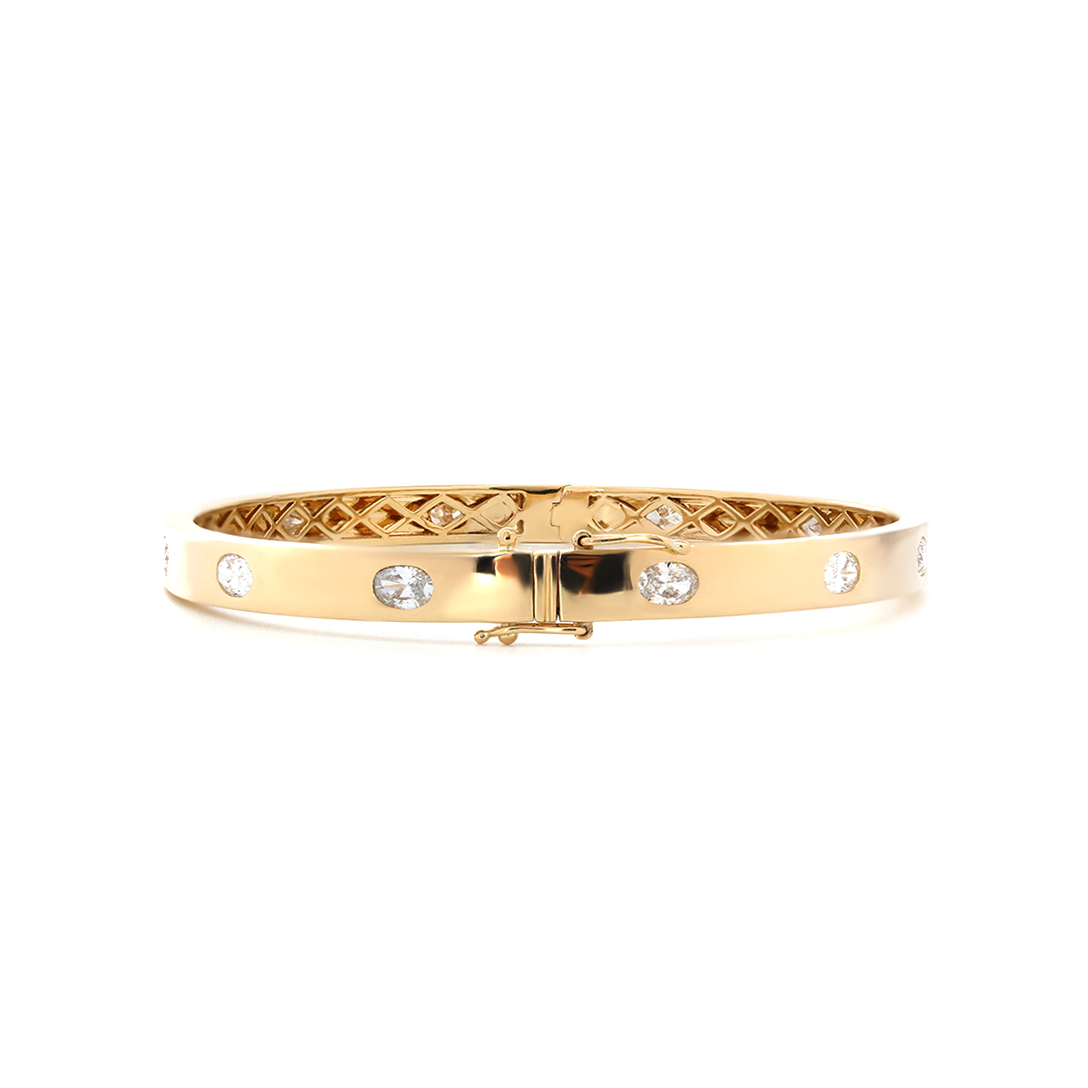 14K Yellow Gold Oval Cut and Princess Cut Lab Diamond Bezel Bangle Bracelet