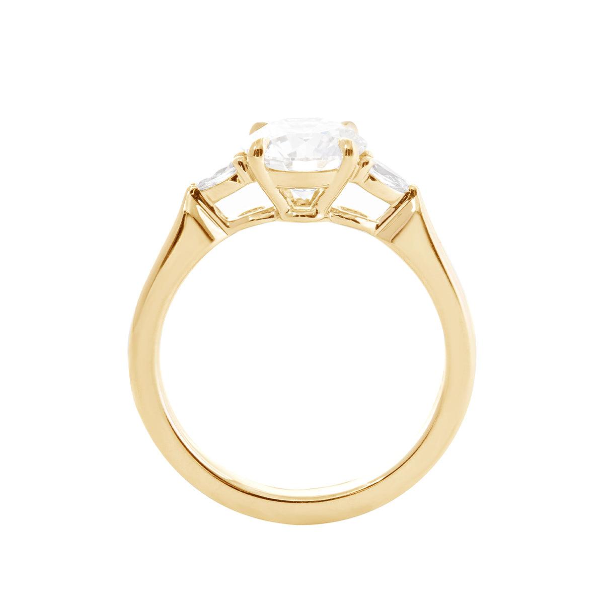 14K Yellow Gold Three Stone Oval Engagement Ring – 1.5ct Lab Diamond Design