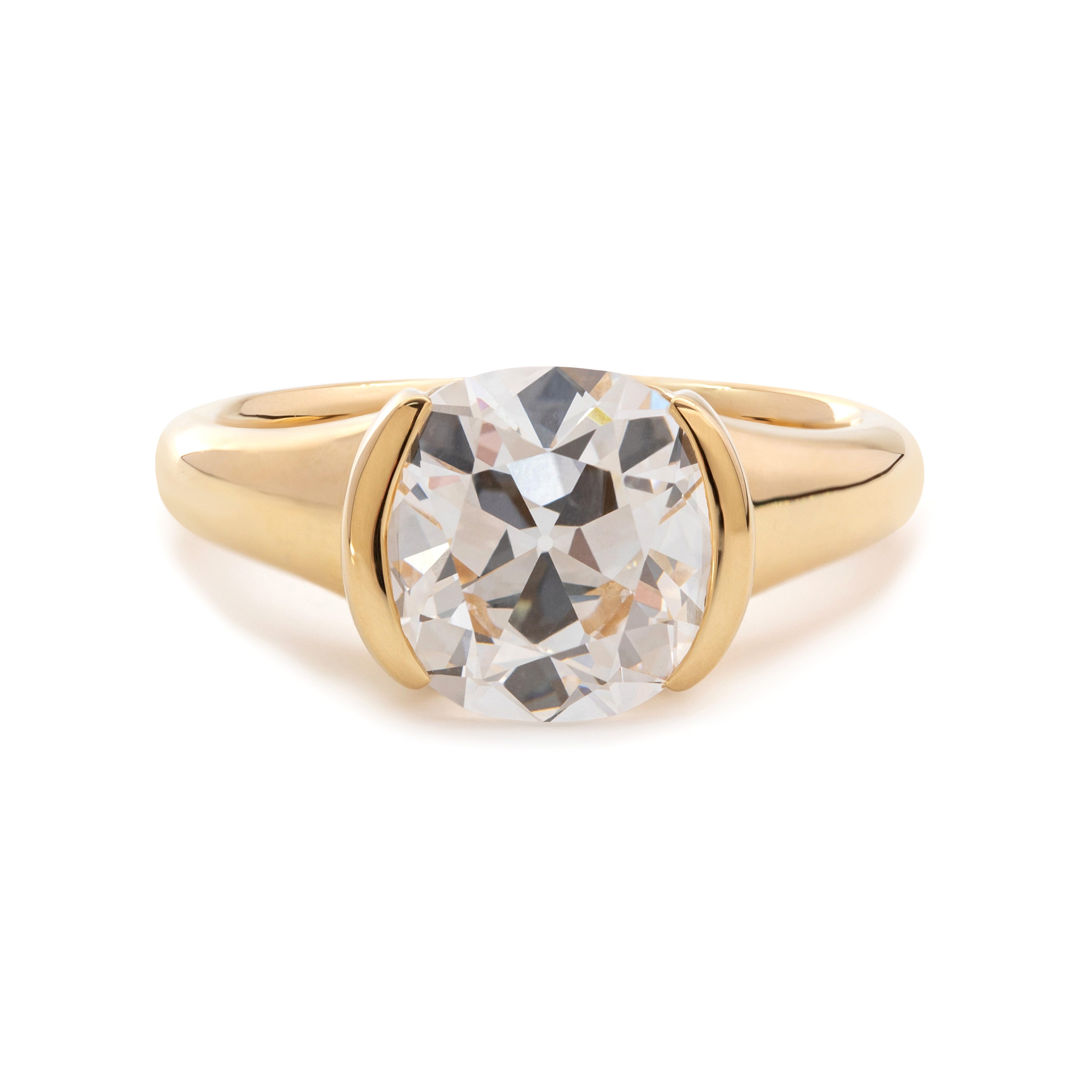 18K Yellow Gold 3.5ct Old Mine Cut Lab Diamond Half Bezel Statement Ring with Hidden Round Lab Emerald Wave Pave
