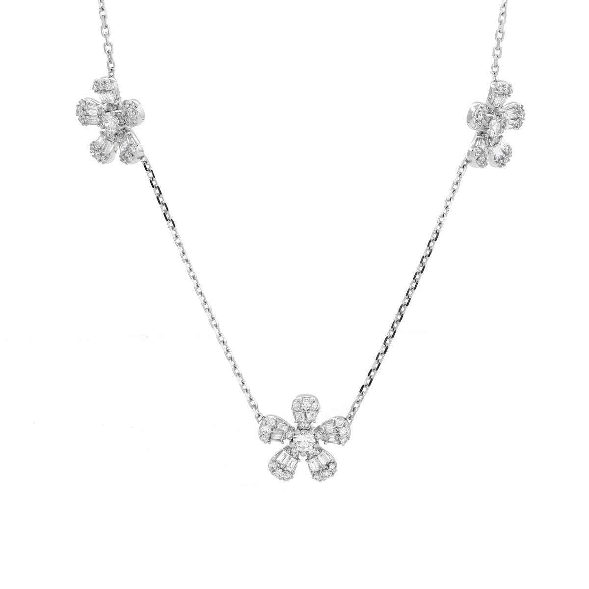 14K White Gold 5-Flower Station Necklace with Round and Baguette Cut Lab Diamonds