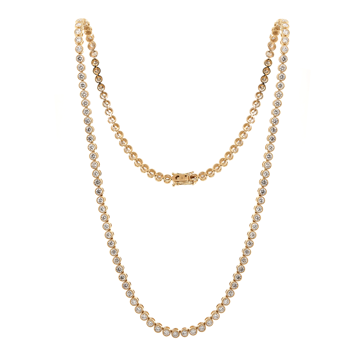 14K Yellow Gold 2.6mm Round Brilliant Cut Lab Diamond Millegrain Bezel Tennis Chain Necklace