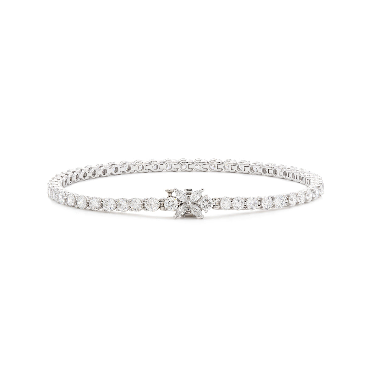 14K White Gold Marquise Cut & Round Cut Lab Diamond Three Prong Buckle Tennis Bracelet