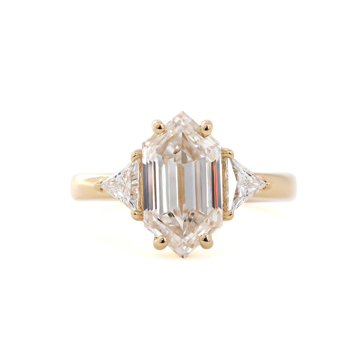 14K Yellow Gold 3ct Elongated Hexagonal Step Cut Lab Diamond Victoran-Style Three Stone Ring with Triangle Side-stone