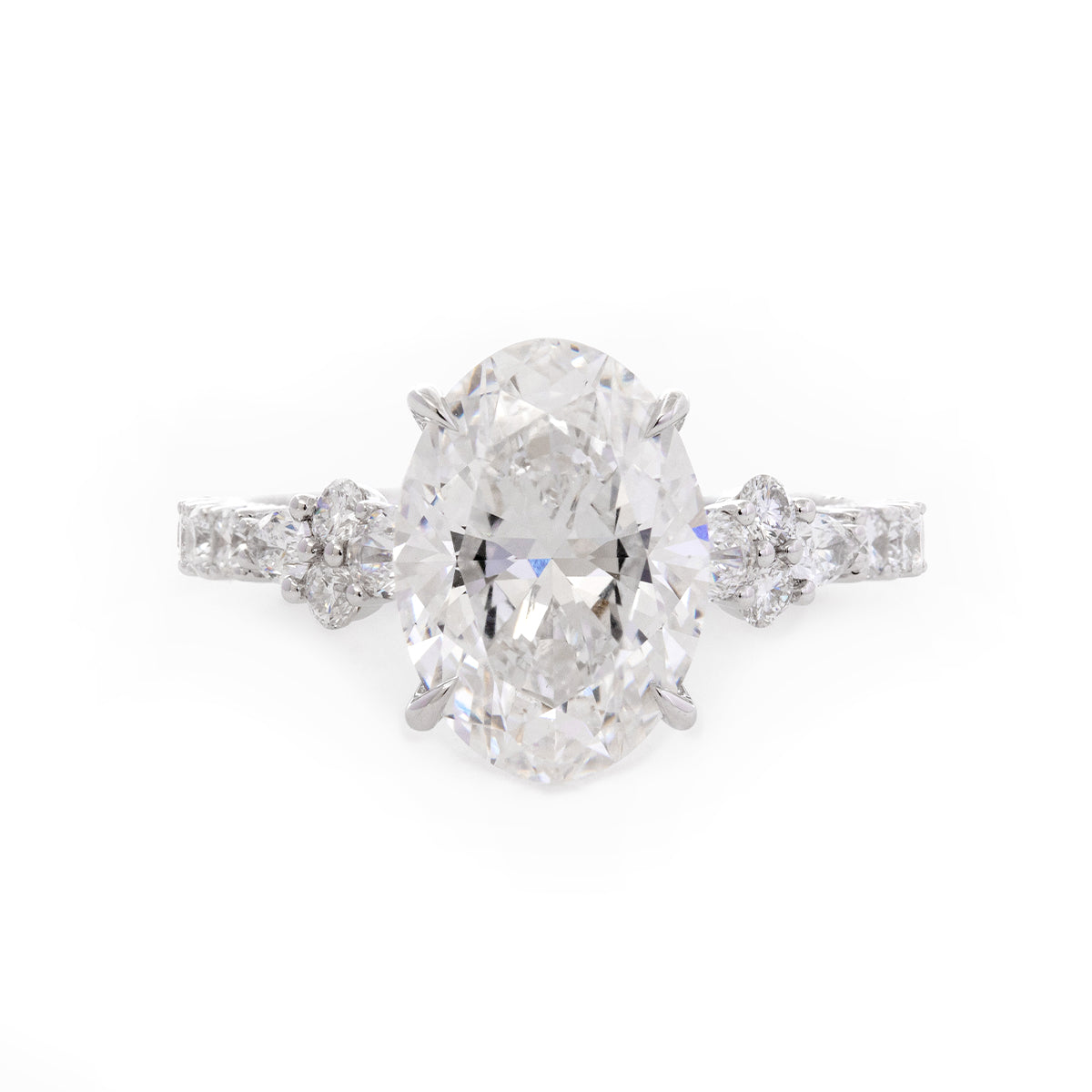 18K White Gold 3.5ct Oval Lab Diamond Vintage Ring with Millegrain and Lab Diamond Side-stones Pave