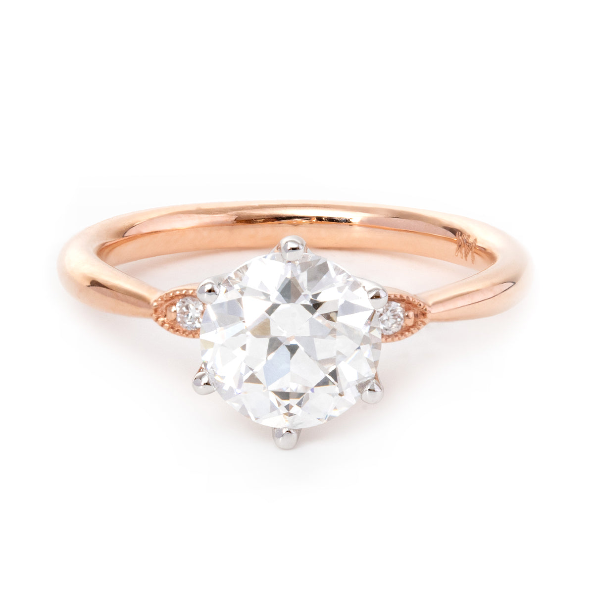 14K White & Rose Gold Old European Cut Diamond Three Stone Oval Elongated Cushion Cut Engagement Rings