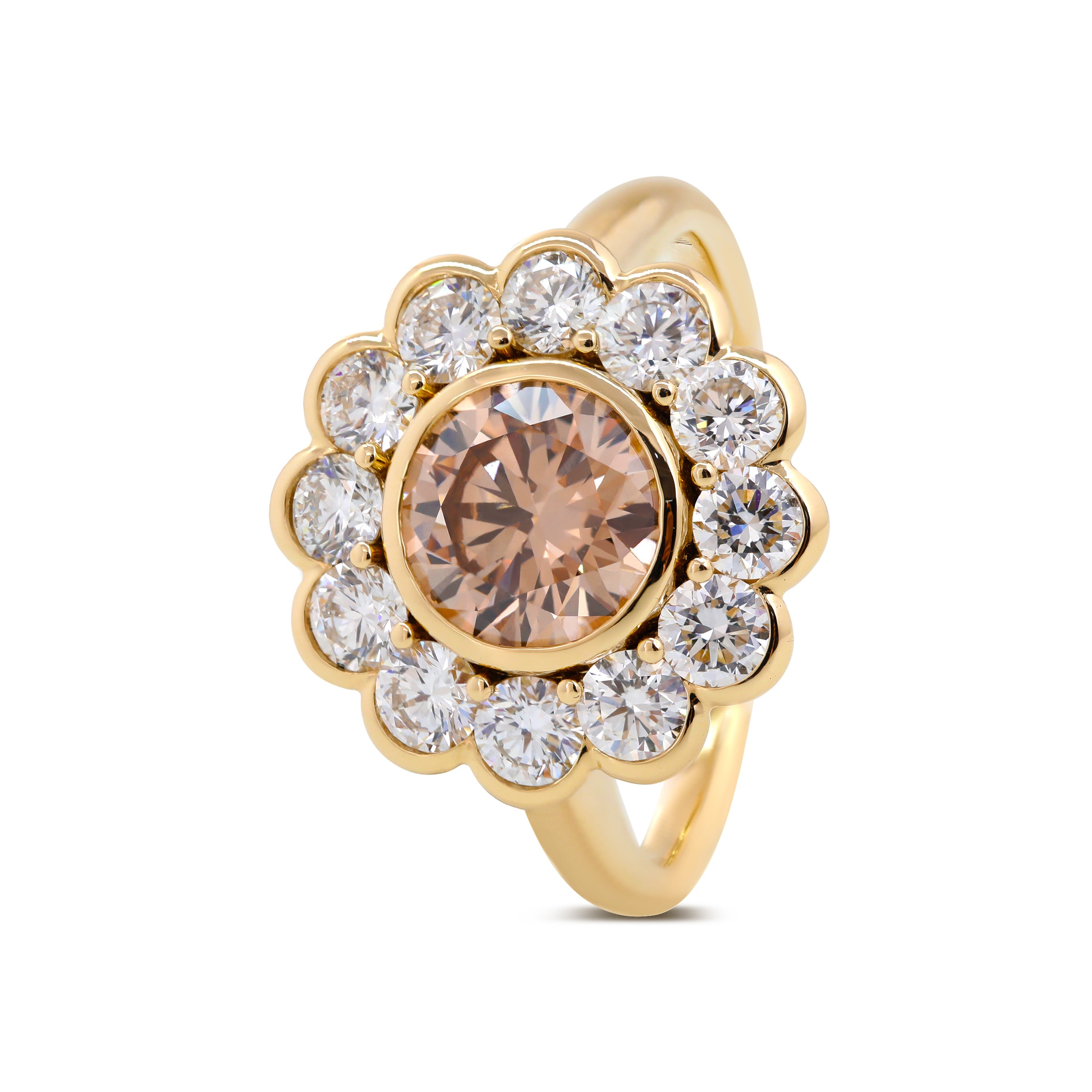 14K Yellow Gold 1.5ct Round Cut Light Brown Lab Diamond Bezel Ring with Roound Lab Diamond Halo