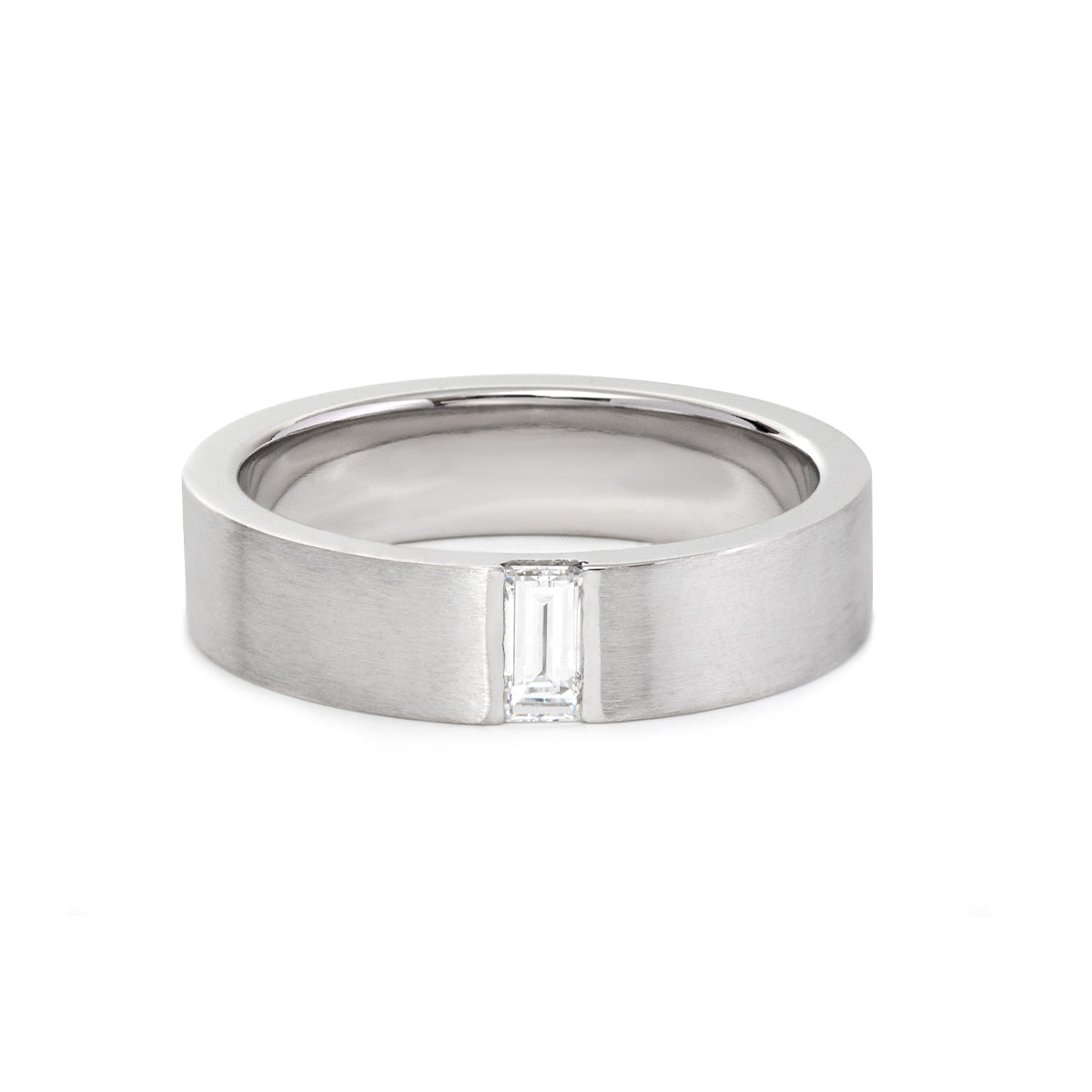 14K White Gold Men's Ring with Baguette Lab Diamond and Brushed Finish