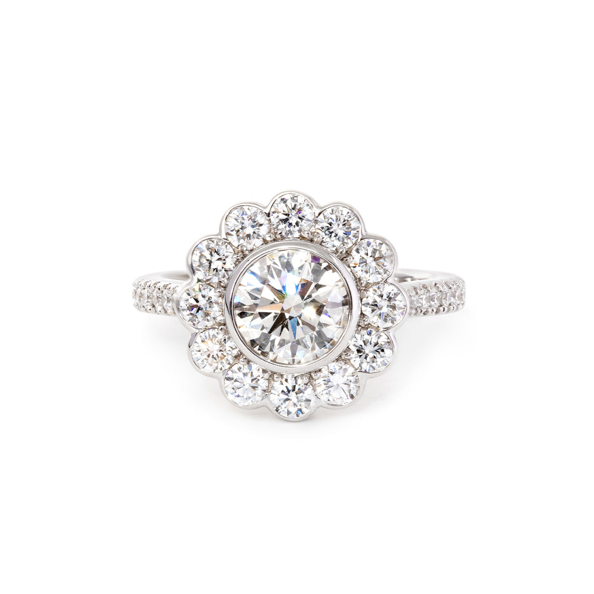 14K White Gold 1.5ct Round Cut Lab Diamond Halo Ring with Tapered Band and Half Circle Pave