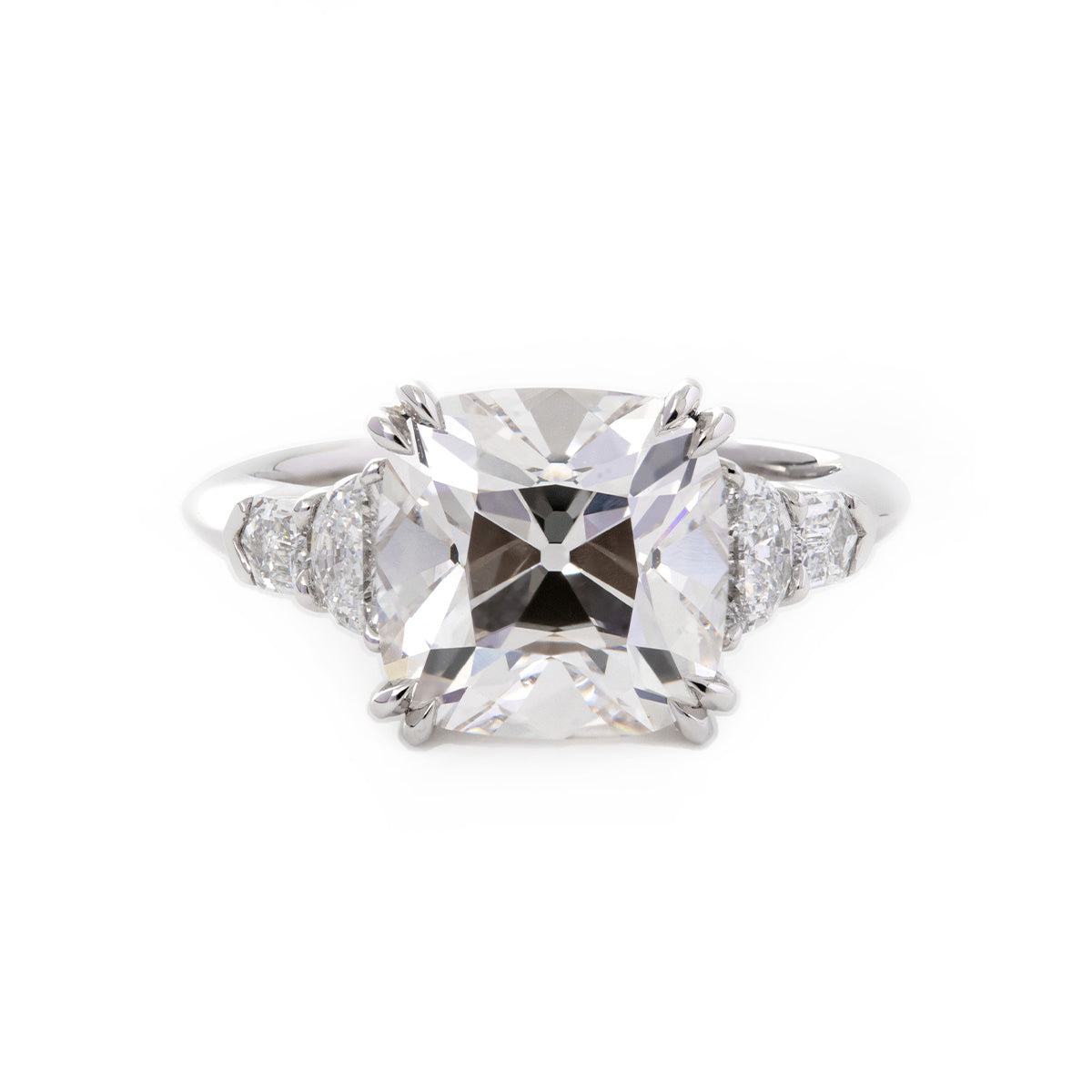 Platinum 4ct Old Mine Cut Lab Diamond Double Claw Prong Basket 5 Stone Ring with Half Moon and Bullet Cut Lab Diamond Side-stone