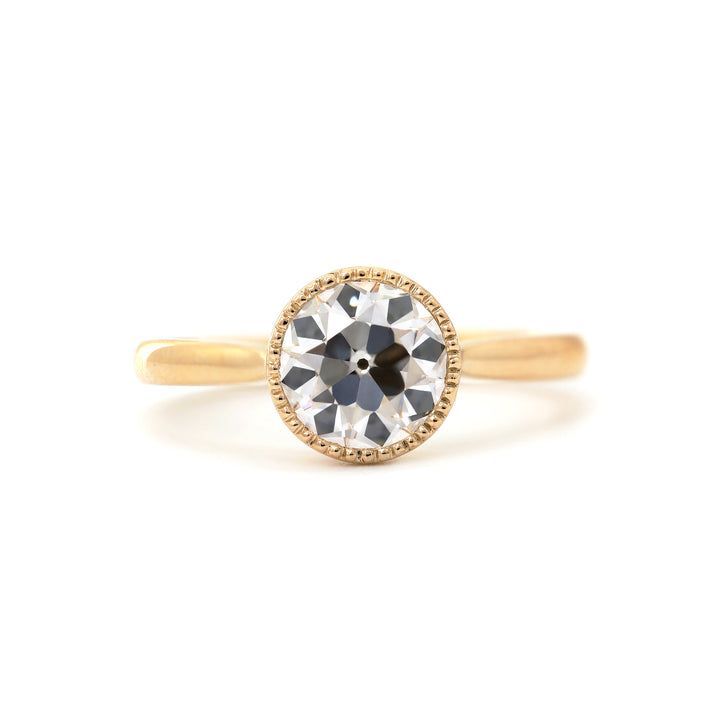 Old European-Cut Lab Diamond Bezel Solitaire Ring with Floral Basket