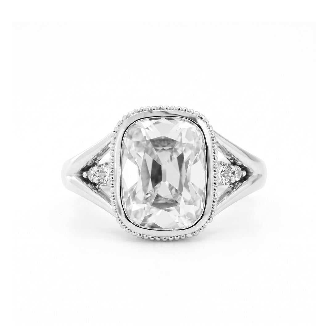 Elongated OMC Diamond Bezel Ring with Round &amp; Marquise-Cut Side Stones and Millegrain
