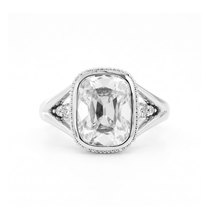Elongated OMC Diamond Bezel Ring with Round &amp; Marquise-Cut Side Stones and Millegrain