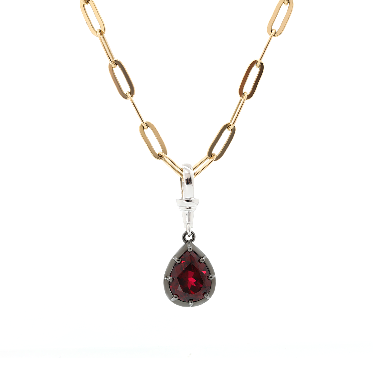 14K White Gold Necklace with 3ct Pear Shaped Lab Diamond Pendant in Black Rhodium Plated Bezel Setting