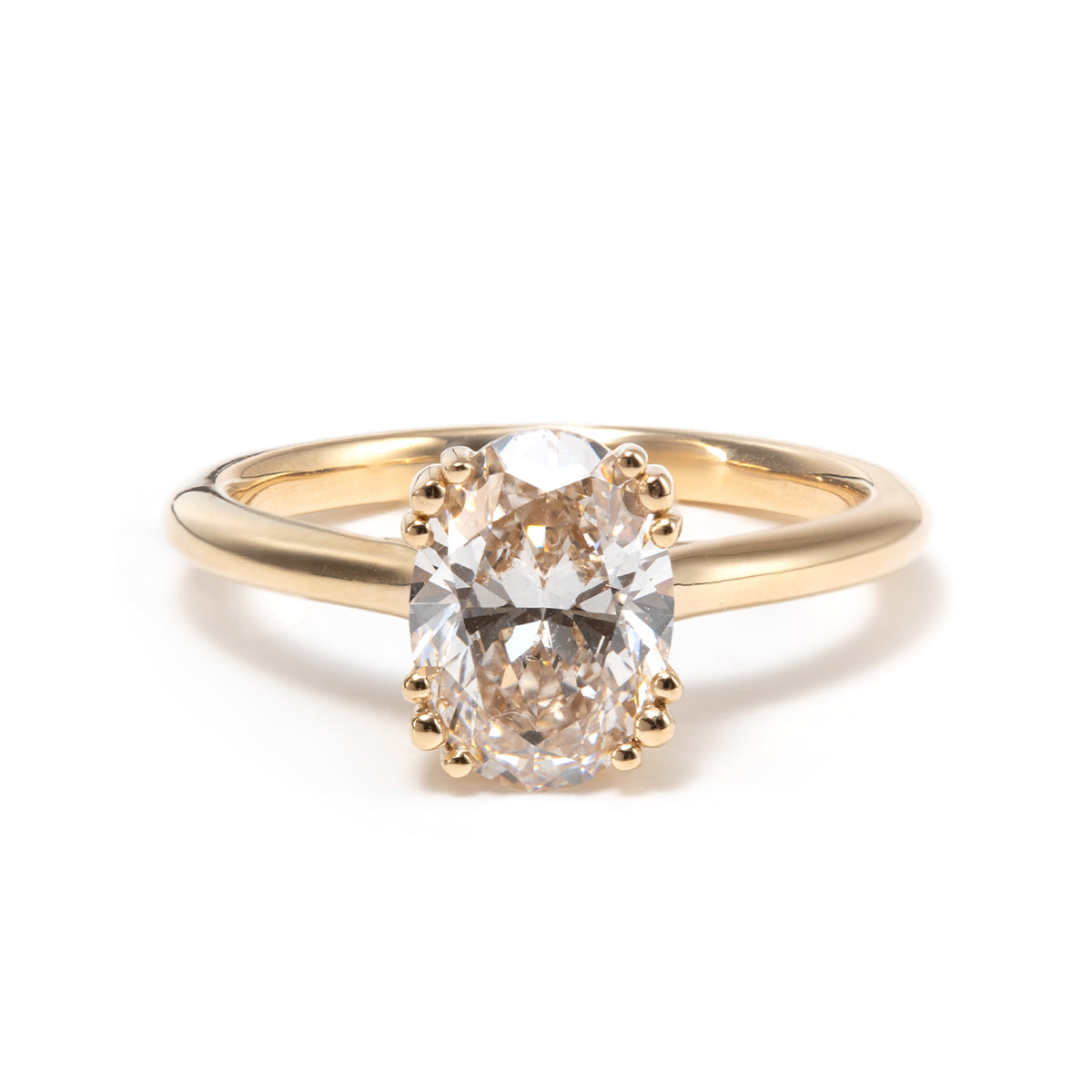 14K Yellow Gold Oval Cut Lab Diamond Pink Corundum Hidden Halo Ring with Triple Prong and Cathedral Setting