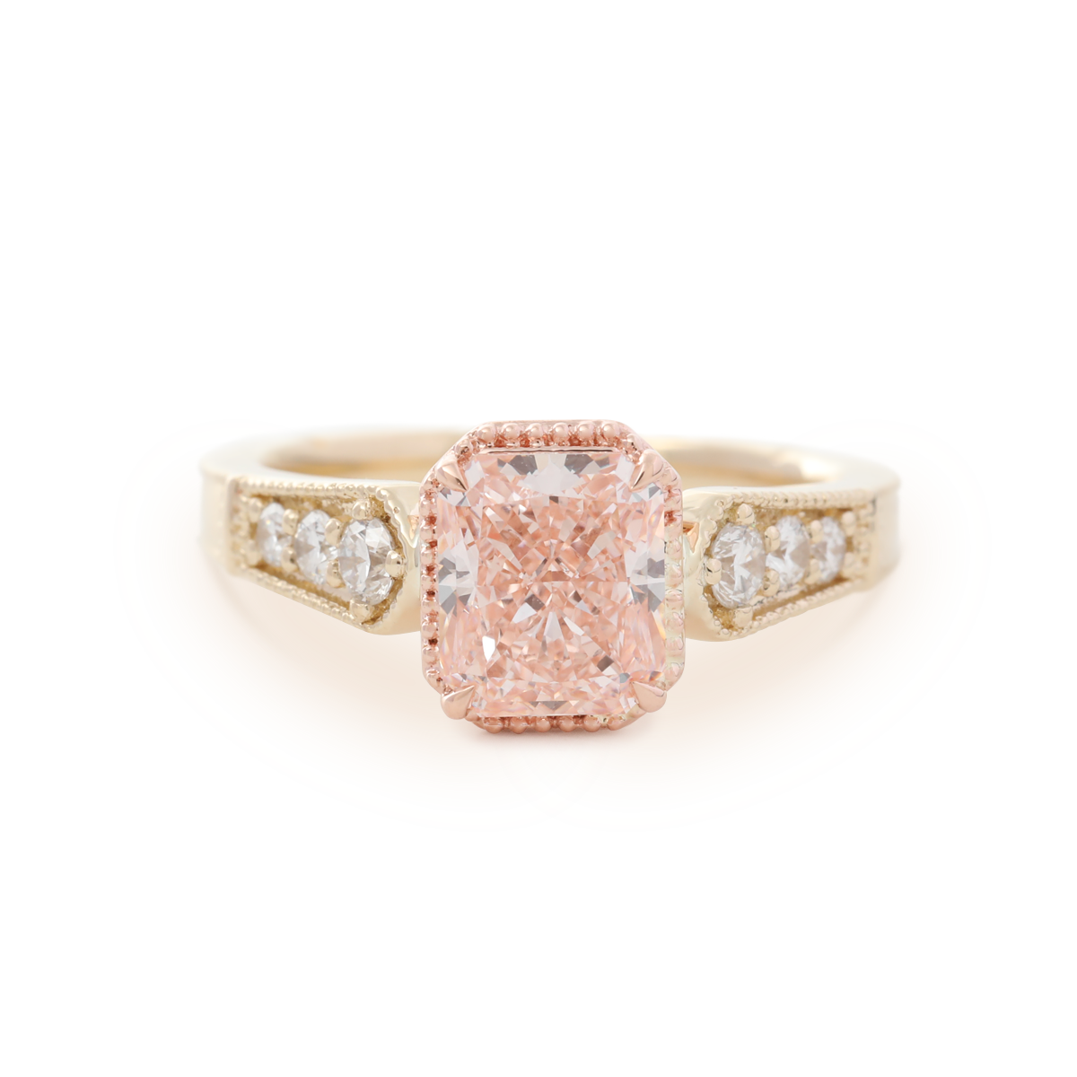 14K Yellow Gold 2ct Radiant Cut Pink Lab Diamond Cathedral Setting Vintage Ring with 14K Rose Gold Millegrain Basket