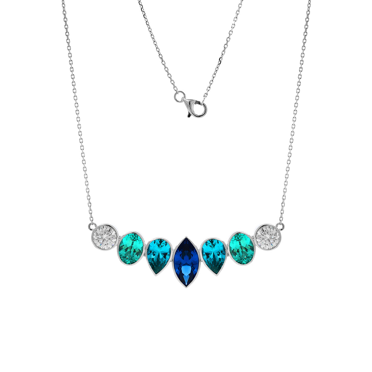 14K White Gold Fancy Shape Gems Bezel Pendant Necklace