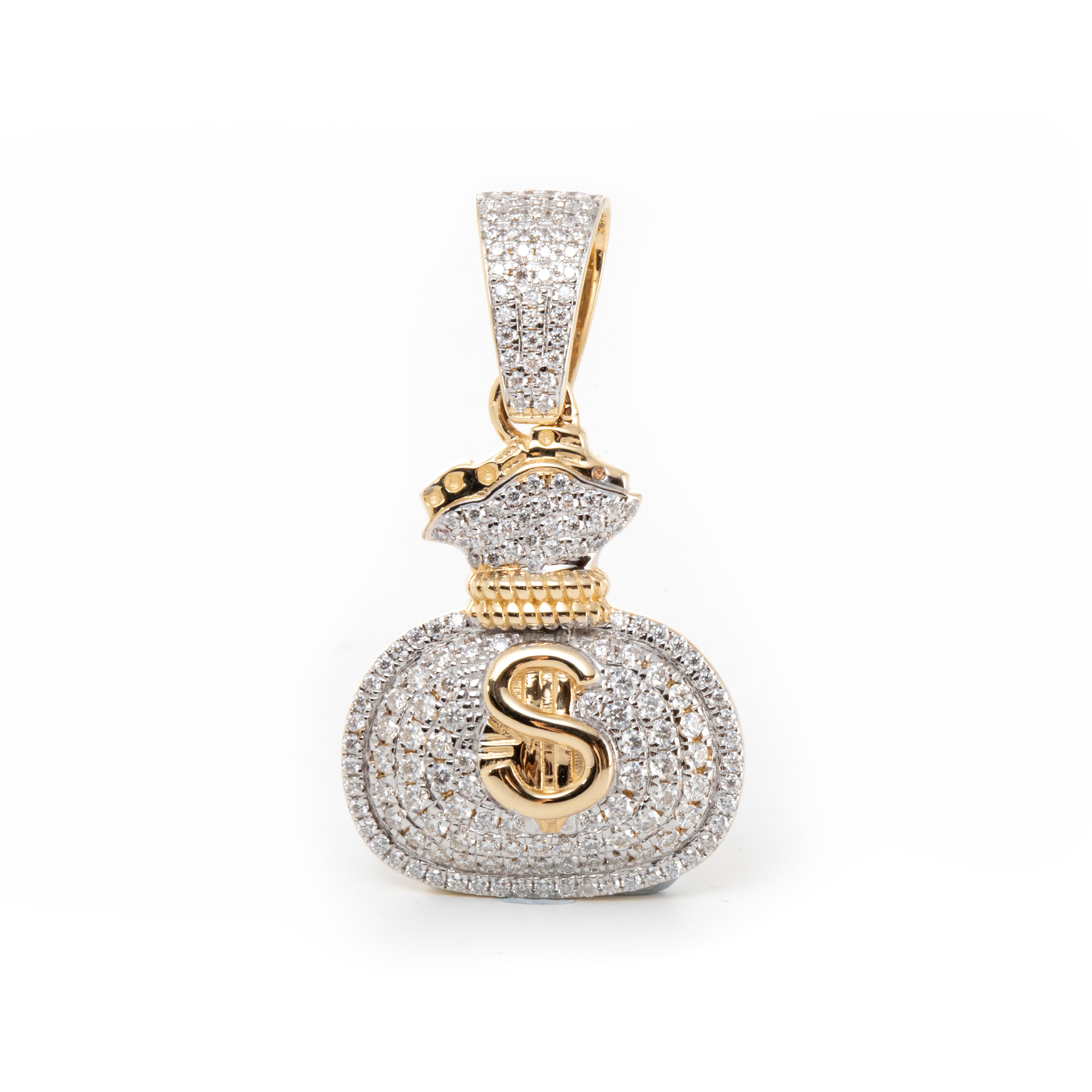 14K Yellow Gold Round Lab Diamond Money Bag Pendant Necklace with White Gold-plated Prongs