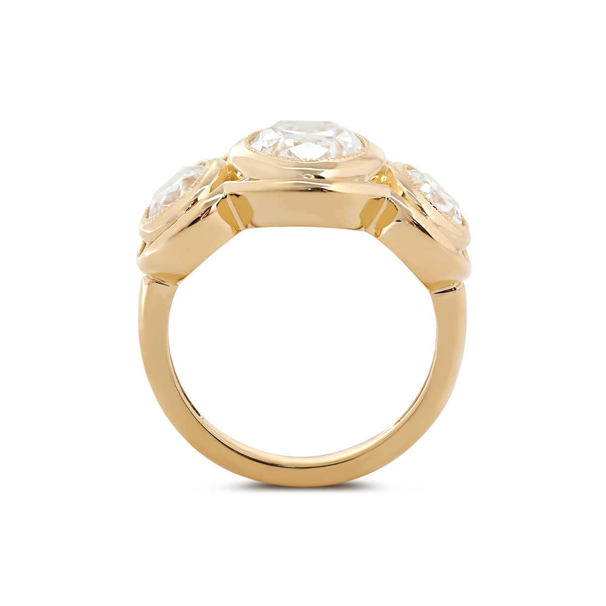 14K Yellow Gold 3ct Oval Old Mine Cut Lab Diamond Victoran-Style Millegrain Bezel Three Stone Ring