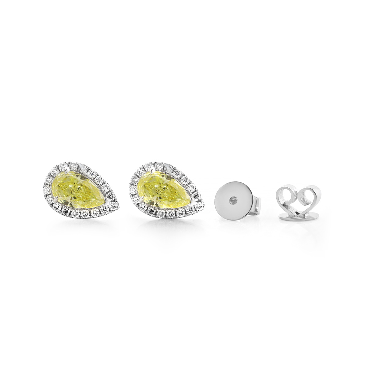 Platinum 1.5 ct tw Pear Shaped Fancy Yellow Lab Diamond Stud Earrings with Round Lab Diamond Halo