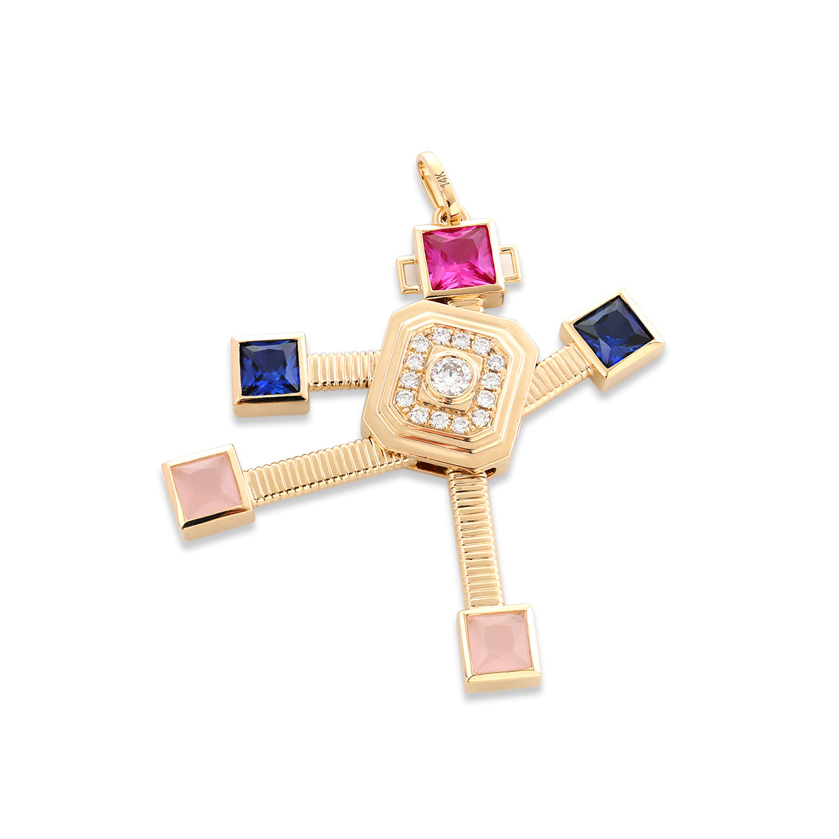 14K Yellow Gold Robot Pendant Necklace with Round Lab Diamond and Color Princess Cut Lab Corundom