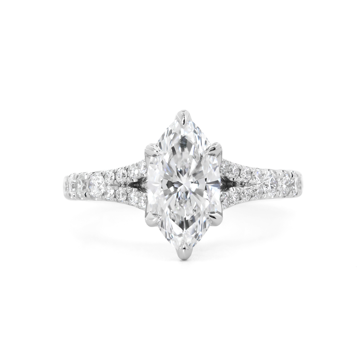 Marquise Cut Lab Diamond Six Claw Prongs Floral Basket Ring — With Round Lab Diamond Pave Split Band Design