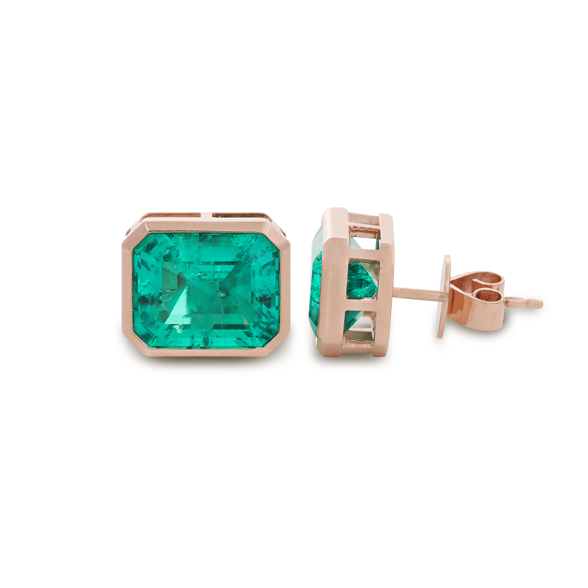 14K Rose Gold 6 ct tw Columbian Lab Emerald Bezel Basket Stud Earrings