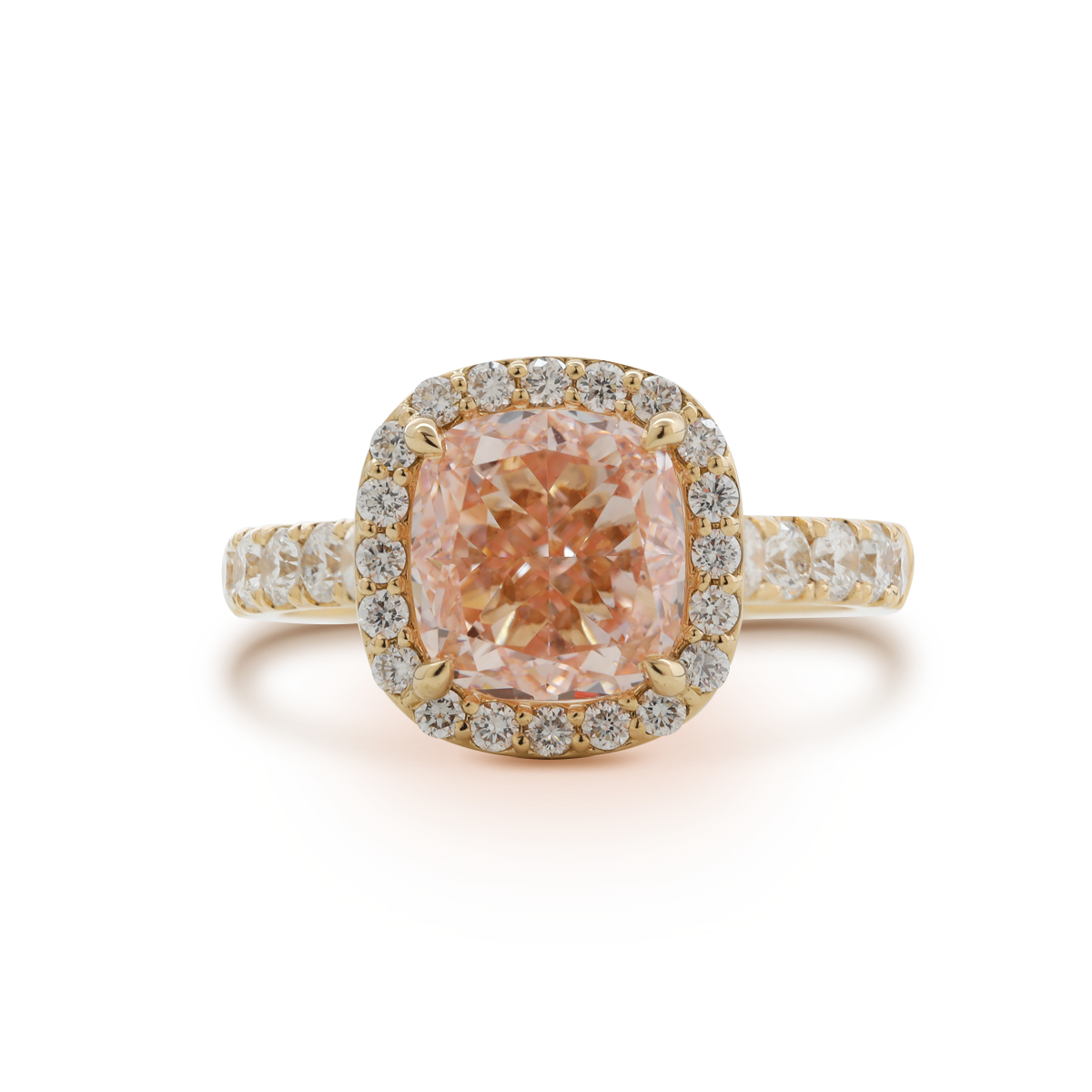 14K Yellow Gold 3ct Cushion Cut Pink Lab Diamond Ring with Round Lab Diamond Halo and U-shape Pave