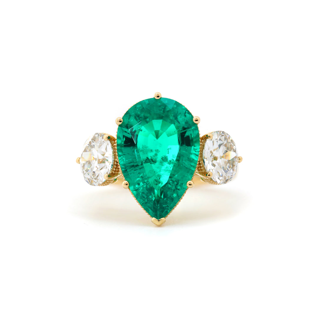 Pear Lab Emerald Three-Stone Engagement Ring with Old European-Cut Lab Diamond Side Stones