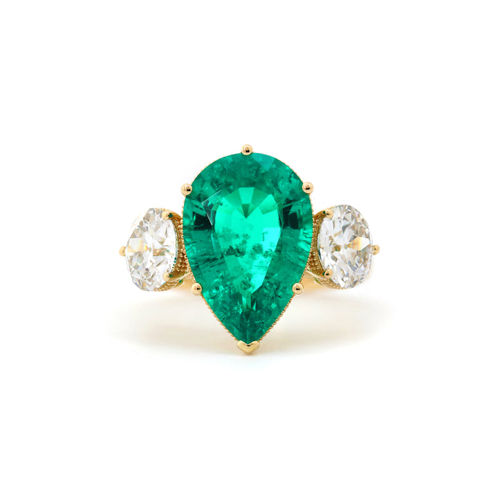 Pear Lab Emerald Three-Stone Engagement Ring with Old European-Cut Lab Diamond Side Stones