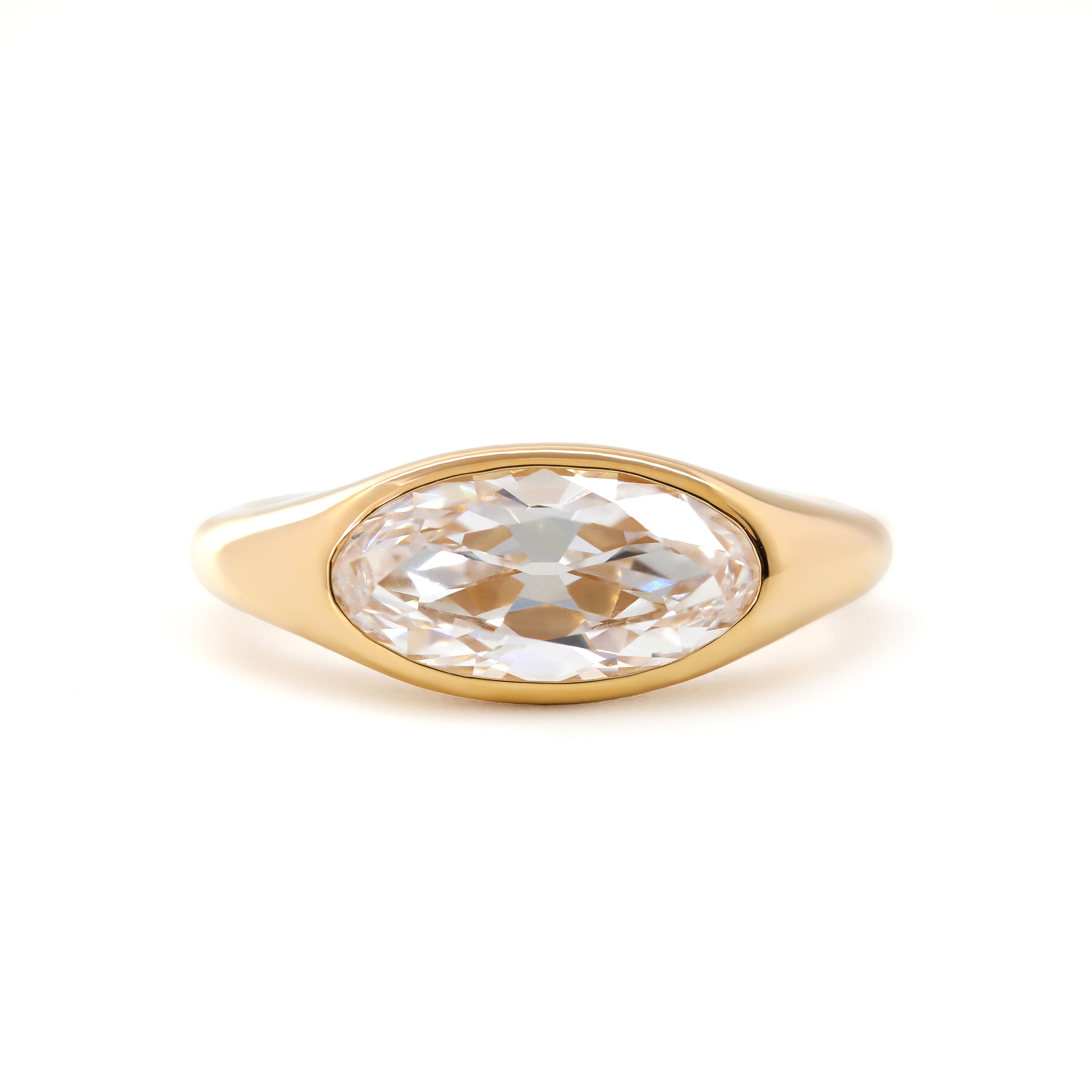 14K Yellow Gold 2ct Elongated Oval Old Mine Cut Lab Diamond Bezel Solitaire Ring