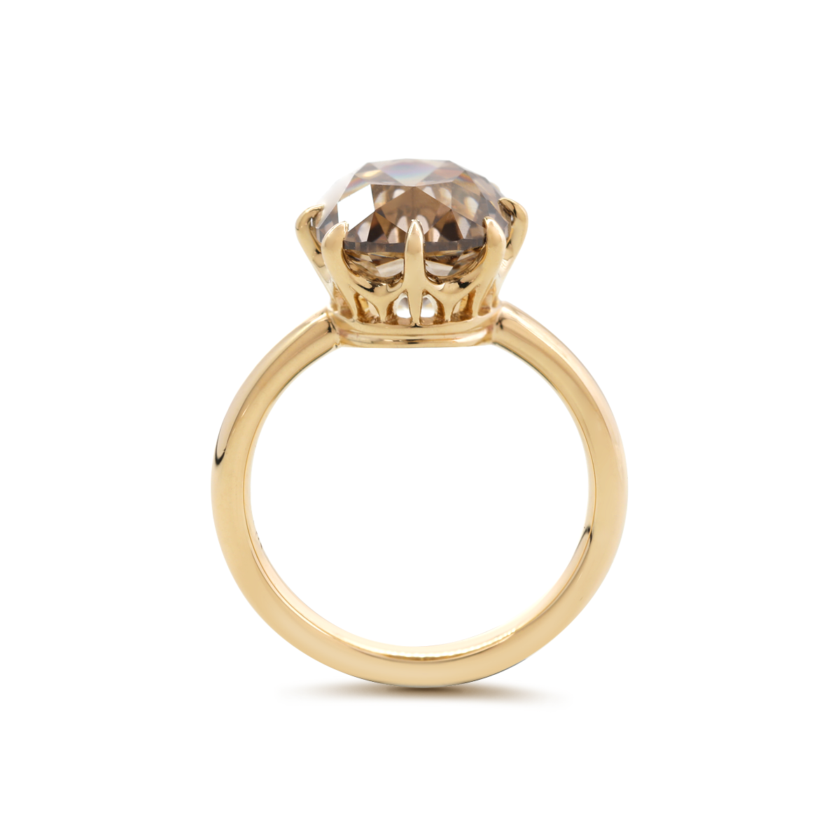 14K Yellow Gold 4.5ct Old Mine Cut Brown Lab Diamond 8 Claw Prongs Crown Setting Solitaire Ring