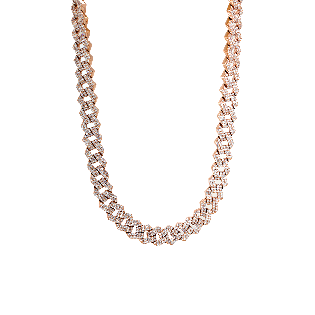 14K Rose Gold Iced Out Cuban Link Chain Necklace with Round Lab Diamond