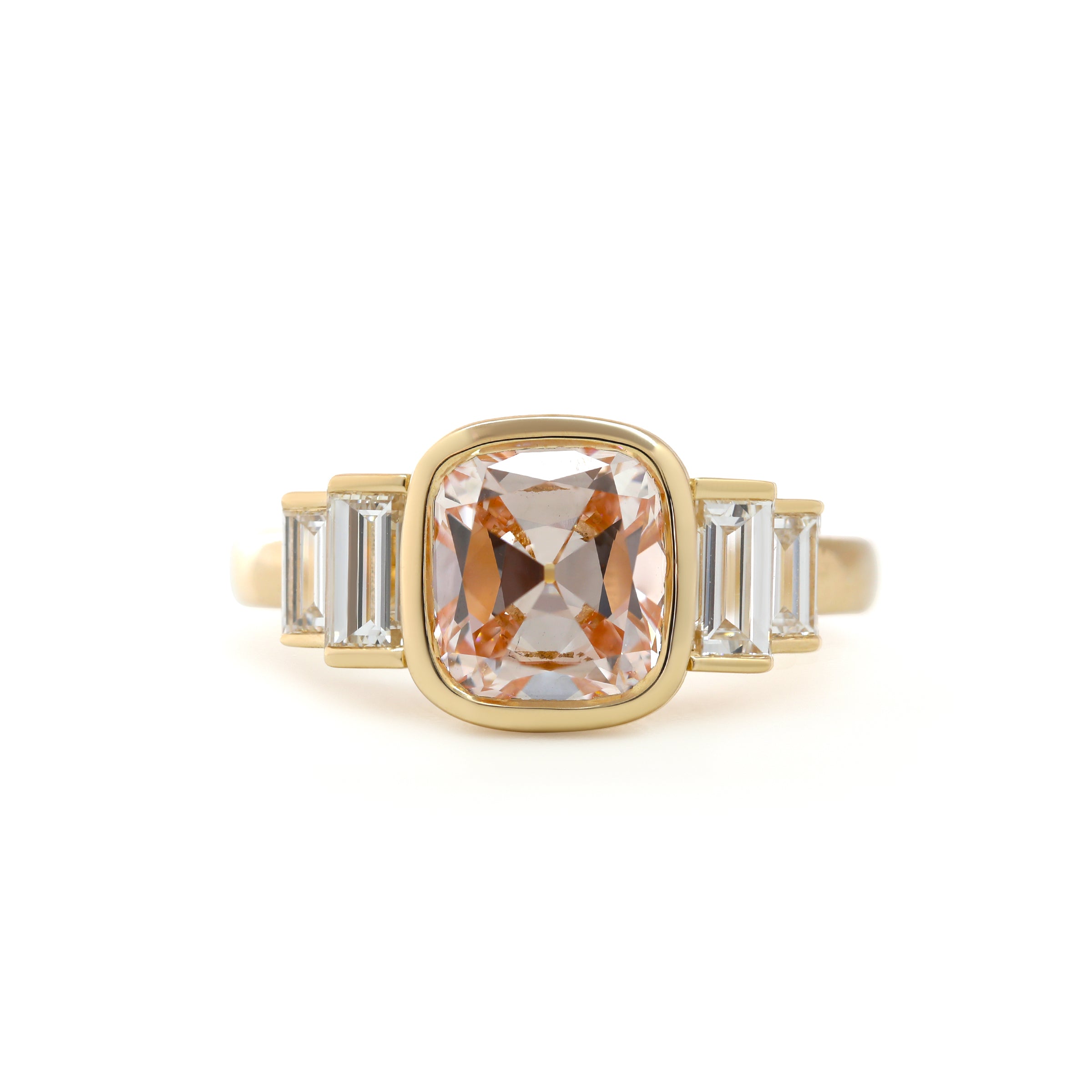 Old Mine-Cut Light Pink Lab Diamond Five-Stone Ring with Bezel Setting and Half-Bezel Baguette Lab Diamond Side Stones