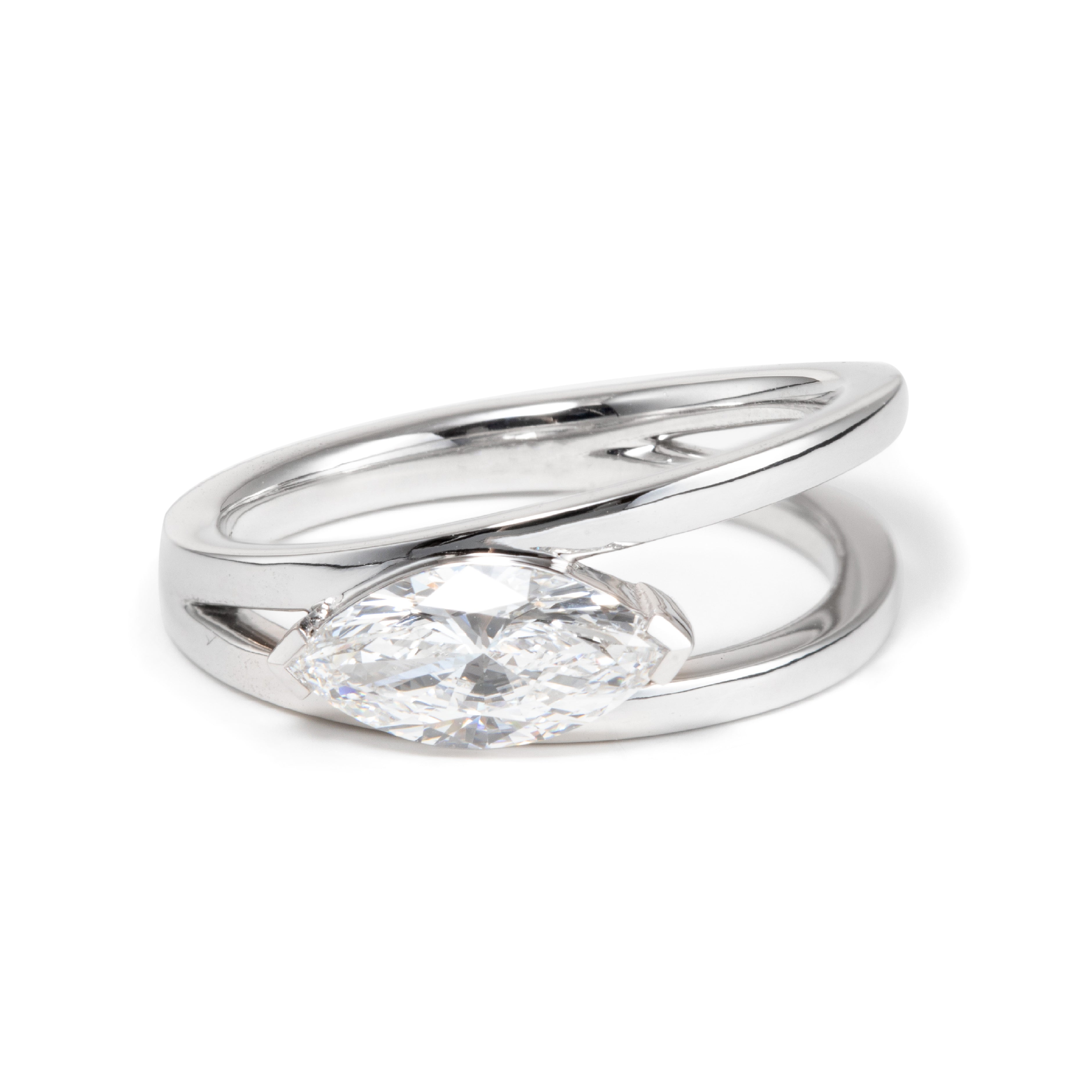 14K White Gold 1ct Marquise Cut Lab Diamond Solitaire Ring in V Shape Design