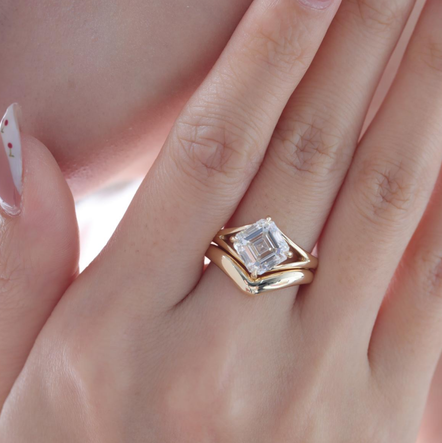 Asscher-Cut Lab Diamond Solitaire Bridal Set with Wavy Matching Band