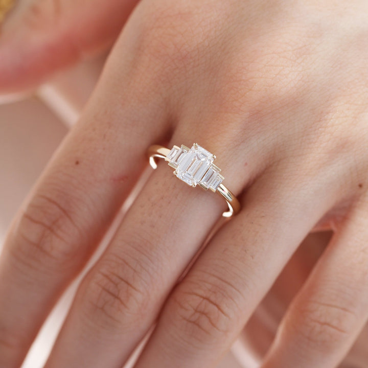 1ct Emerald Cut Lab Diamond 4 Round Prong Basket Five - stone Ring with Half Bezel Baguette Cut Side Stones - FIORESE JEWELRY