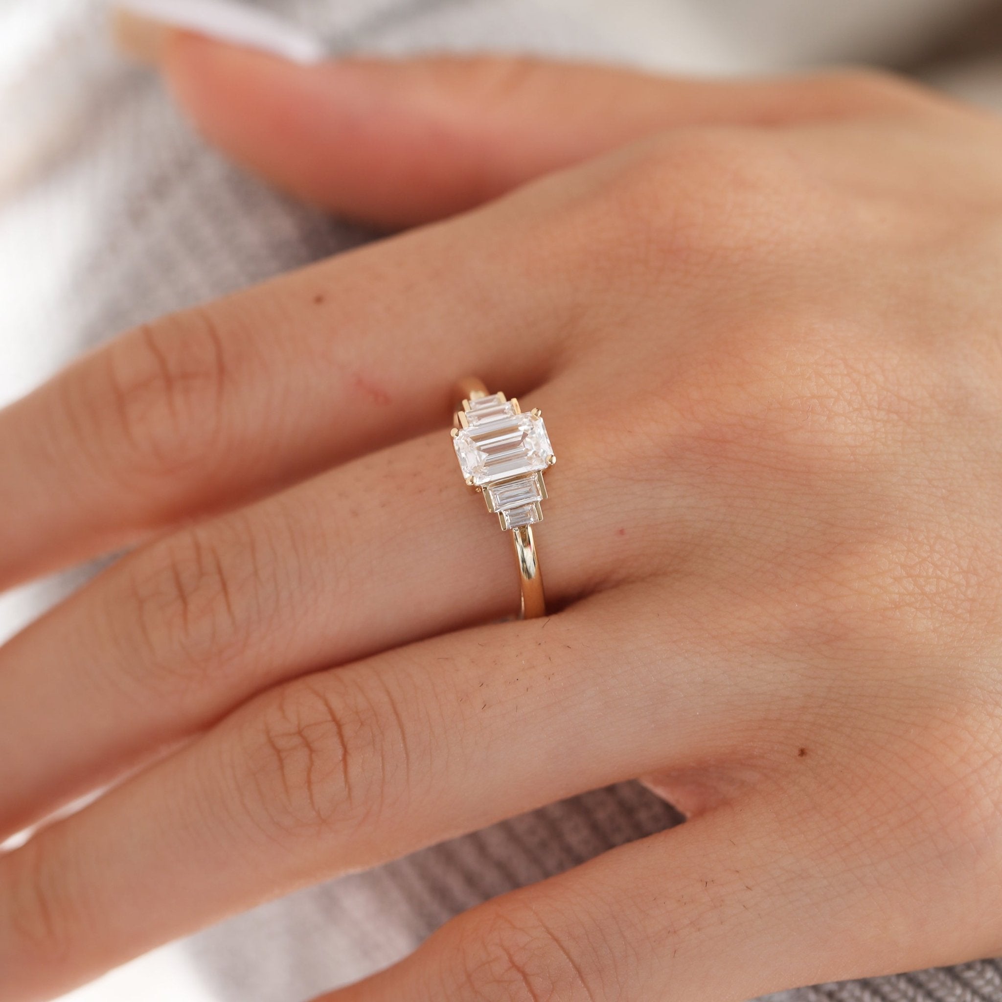 1ct Emerald Cut Lab Diamond 4 Round Prong Basket Five-stone Ring with Half Bezel Baguette Cut Side Stones