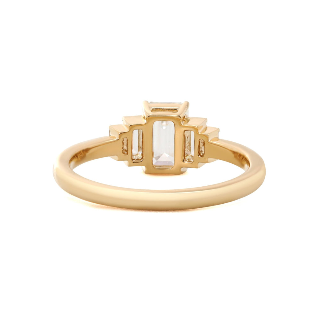 1ct Emerald Cut Lab Diamond 4 Round Prong Basket Five - stone Ring with Half Bezel Baguette Cut Side Stones - FIORESE JEWELRY