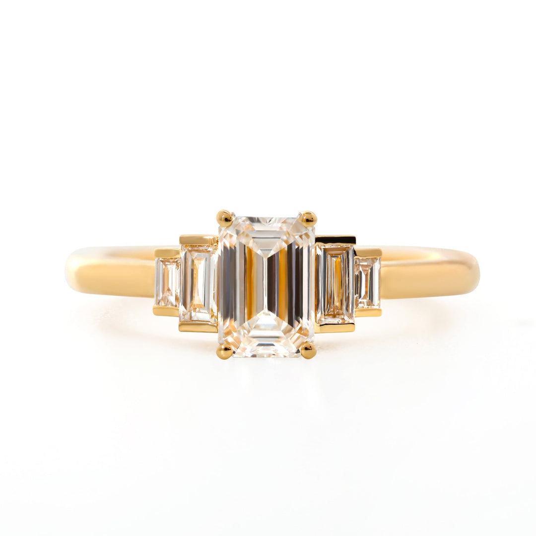1ct Emerald Cut Lab Diamond 4 Round Prong Basket Five - stone Ring with Half Bezel Baguette Cut Side Stones - FIORESE JEWELRY