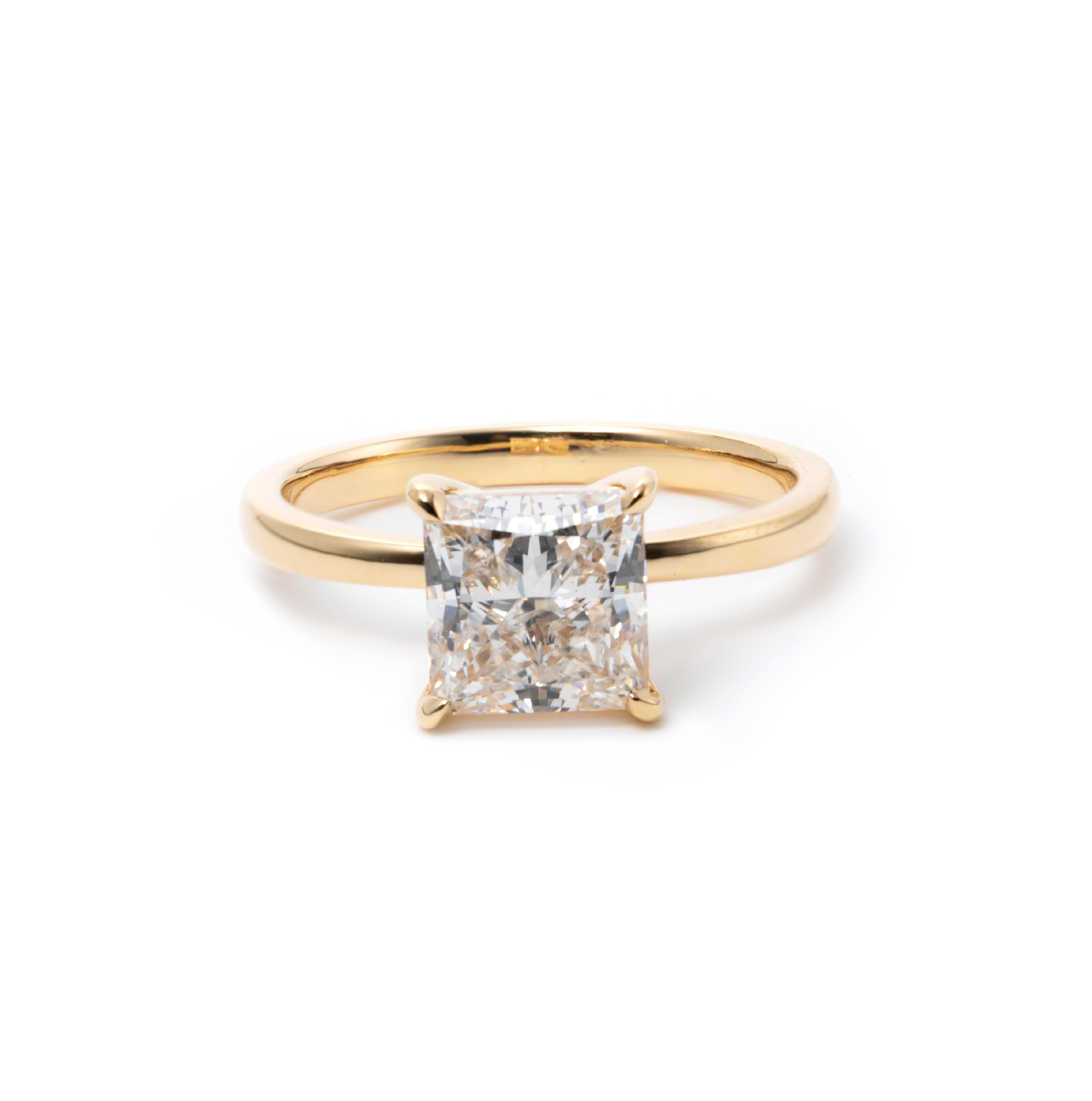 18K Yellow Gold 2ct Princess Cut Lab Diamond 4 Claw Prong Basket Setting Solitaire Ring