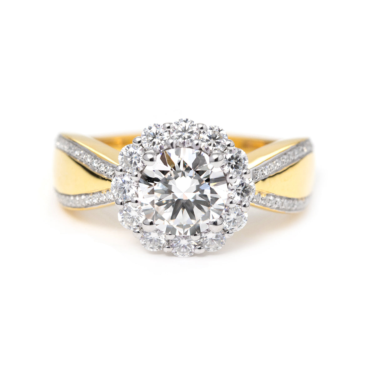 14K White Gold Basket 1ct Round Cut Lab Diamond Halo Ring in a Tapered Yellow Gold Band Design