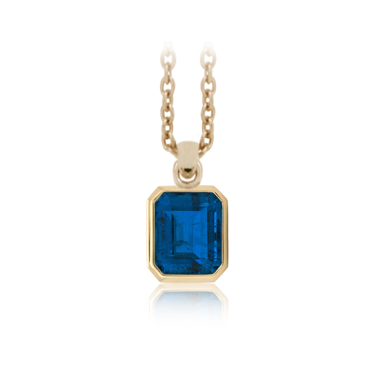 14K Yellow Gold 6ct Emerald Cut Lab Sapphire Bezel Pendant Necklace