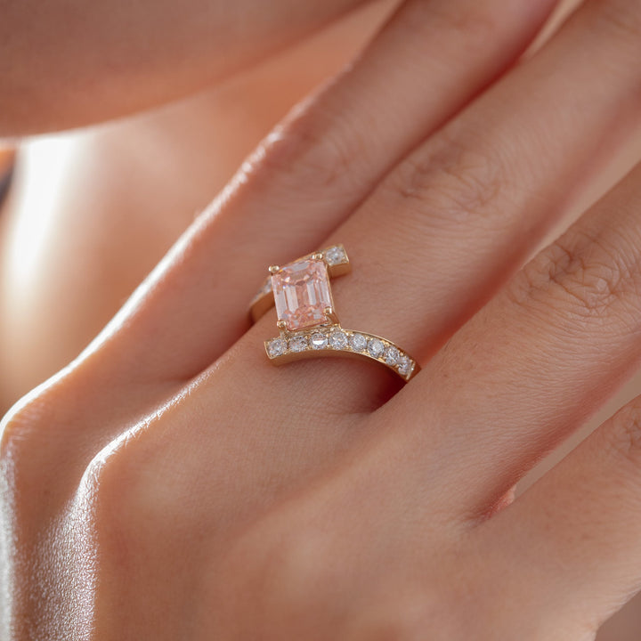 2.06CT Emerald - Cut Lab Pink Diamond Bypass Design Ring - FIORESE JEWELRY