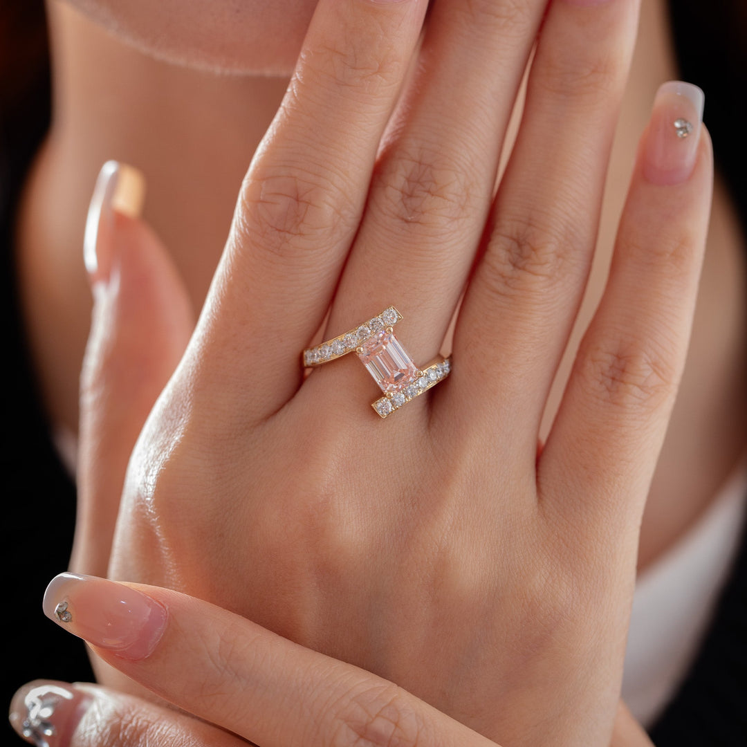 2.06CT Emerald - Cut Lab Pink Diamond Bypass Design Ring - FIORESE JEWELRY