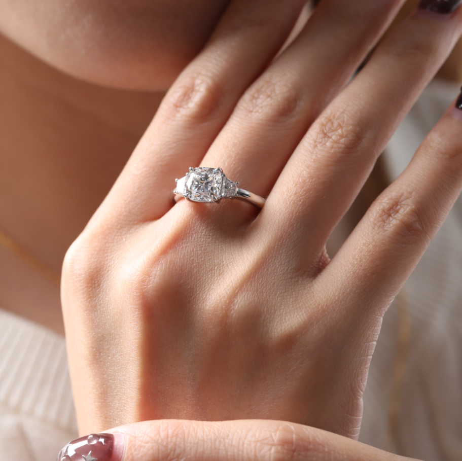 Cushion Brilliant Cut Lab Diamond 4 Claw Prong Basket Three-stone Ring with Brilliant Cut Trapezoid Side-stones