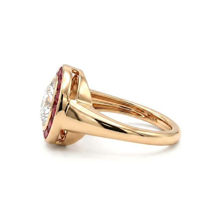 2.1CT Old European Cut Lab Diamond Art Deco Lab Ruby Halo Design Ring - FIORESE JEWELRY