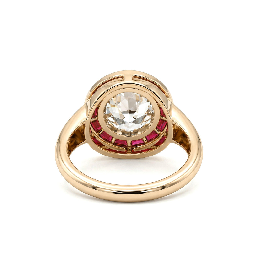 2.1CT Old European Cut Lab Diamond Art Deco Lab Ruby Halo Design Ring - FIORESE JEWELRY