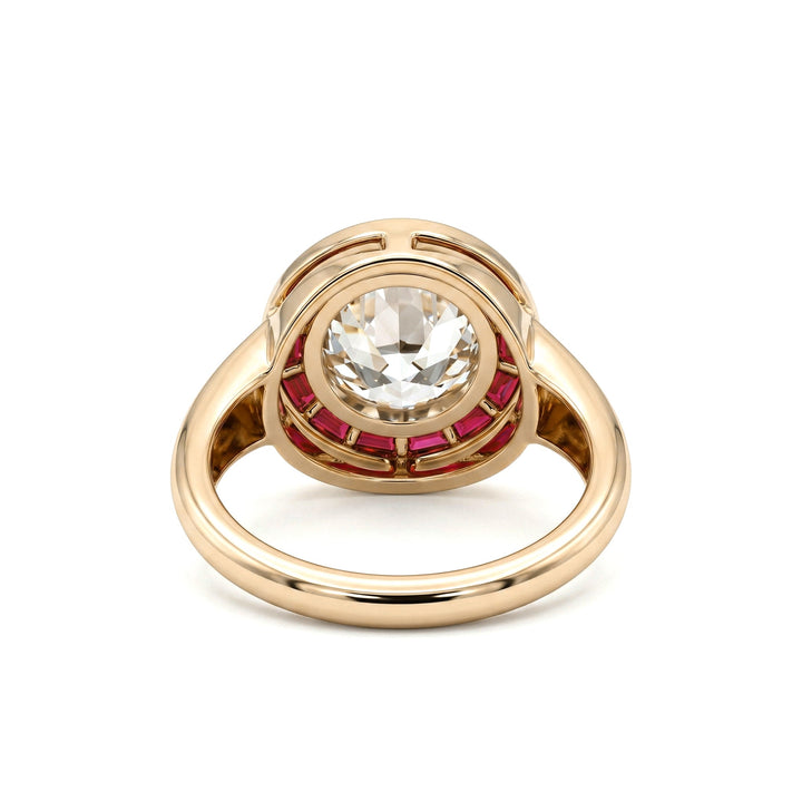 2.1CT Old European Cut Lab Diamond Art Deco Lab Ruby Halo Design Ring - FIORESE JEWELRY