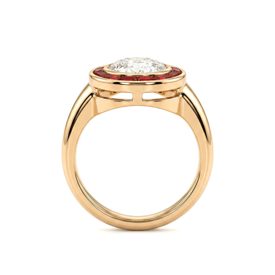 2.1CT Old European Cut Lab Diamond Art Deco Lab Ruby Halo Design Ring - FIORESE JEWELRY